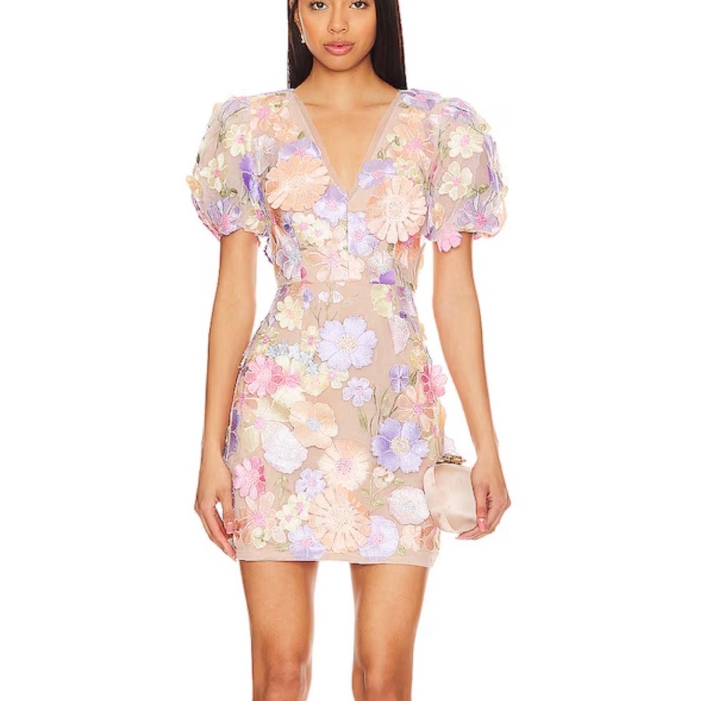 Floral Embroidered Puff-Sleeve Mini Dress - Pastel